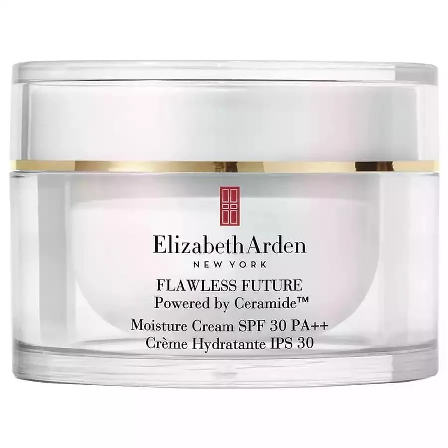 کرم مرطوب‌کننده Flawless Future الیزابت آردن، رنگ سفید، طلایی و قرمز، جنس پلاستیک و شیشه، استوانه‌ای کاسه‌ای