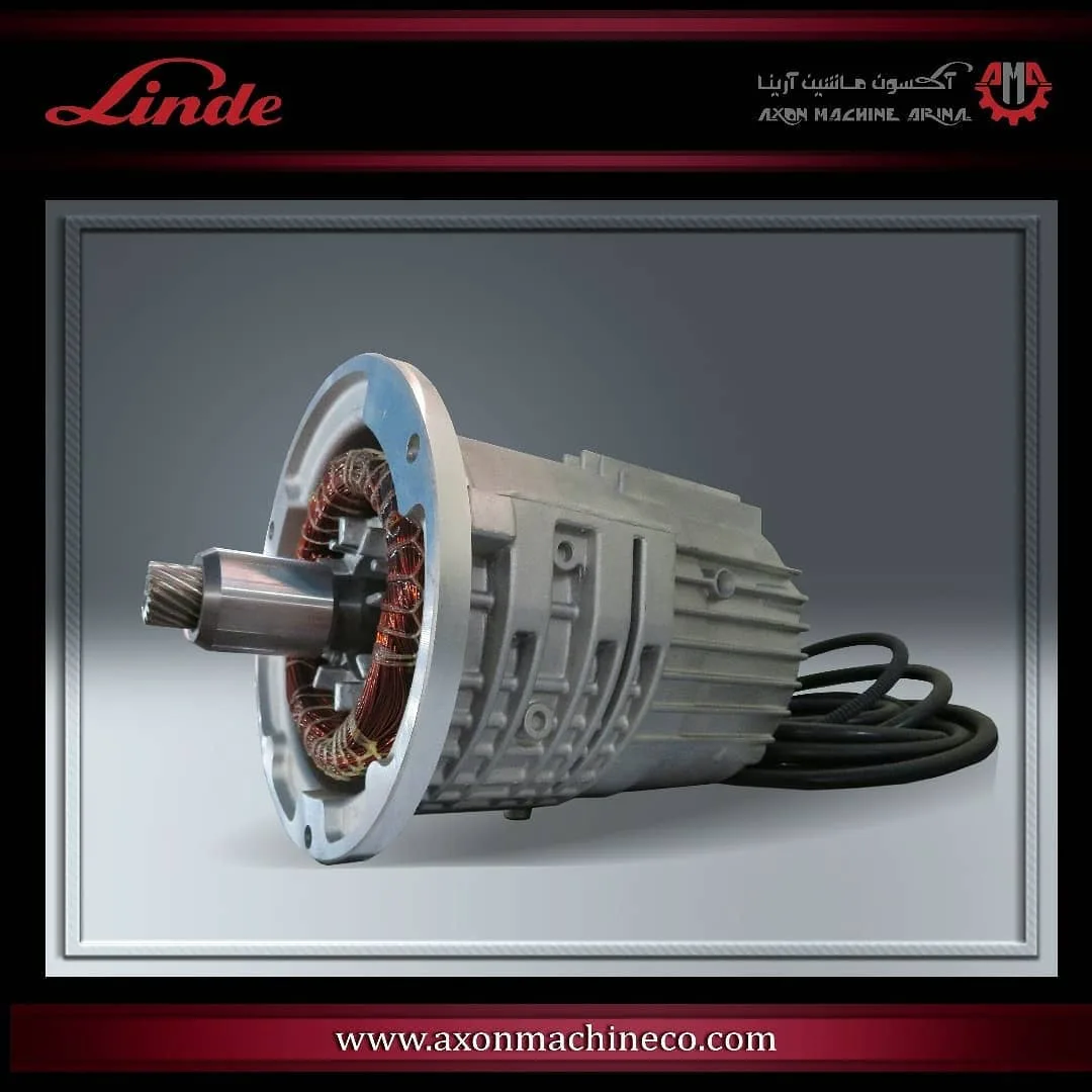 الکتروموتور لیفتراک برقی لینده، رنگ خاکستری، نقره‌ای و مسی، جنس فلز و مس، استوانه‌ای صنعتی