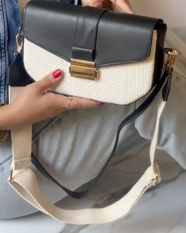کیف دوشی کنفی تک‌سگک، رنگ قهوه‌ای و کرم، جنس چرم، مستطیلی