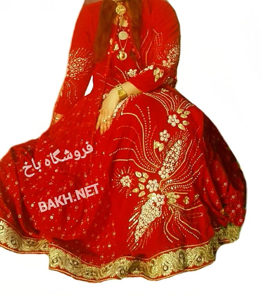 ست لباس محلی مدل ۱۹۶، رنگ قرمز و طلایی، طرح گلدوزی، بلند، آستین بلند، گشاد