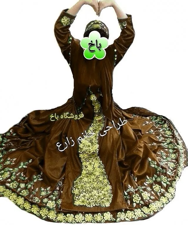 لباس محلی زنانه، رنگ قهوه‌ای و طلایی، جنس مخمل، طرح گلدوزی، بلند، آستین بلند، گشاد