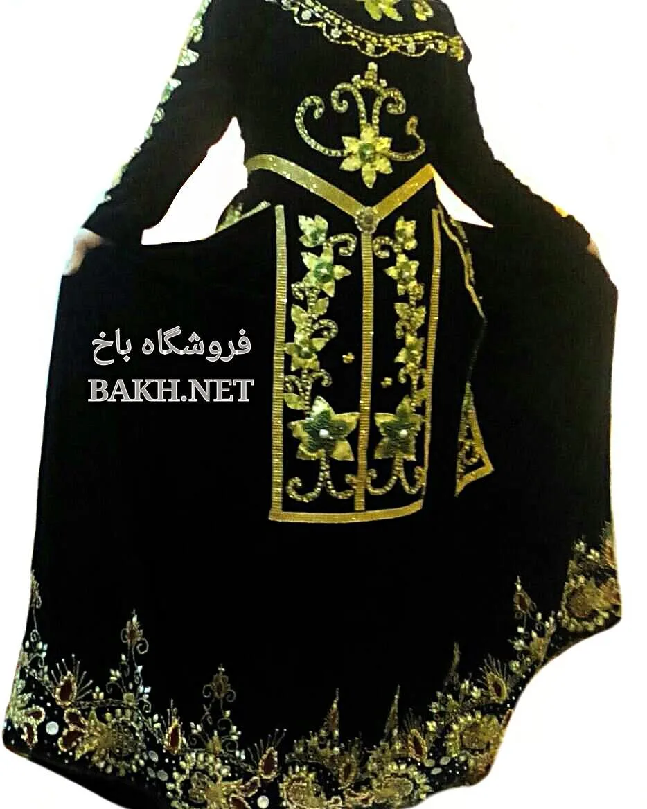 ست لباس محلی، رنگ مشکی، طلایی و سبز، جنس مخمل، طرح گلدوزی، بلند، آستین بلند، گشاد