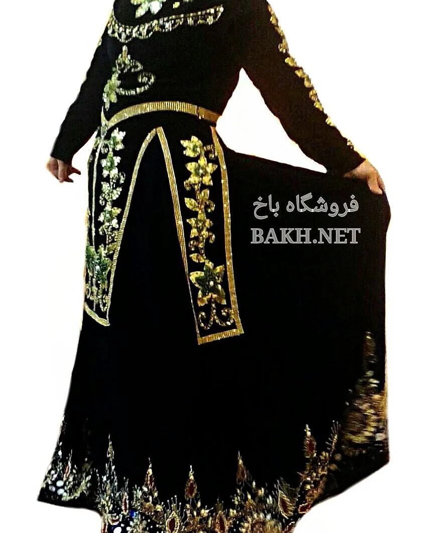 ست لباس محلی، رنگ مشکی، طلایی و سبز، جنس مخمل، طرح گلدوزی، بلند، آستین بلند، گشاد