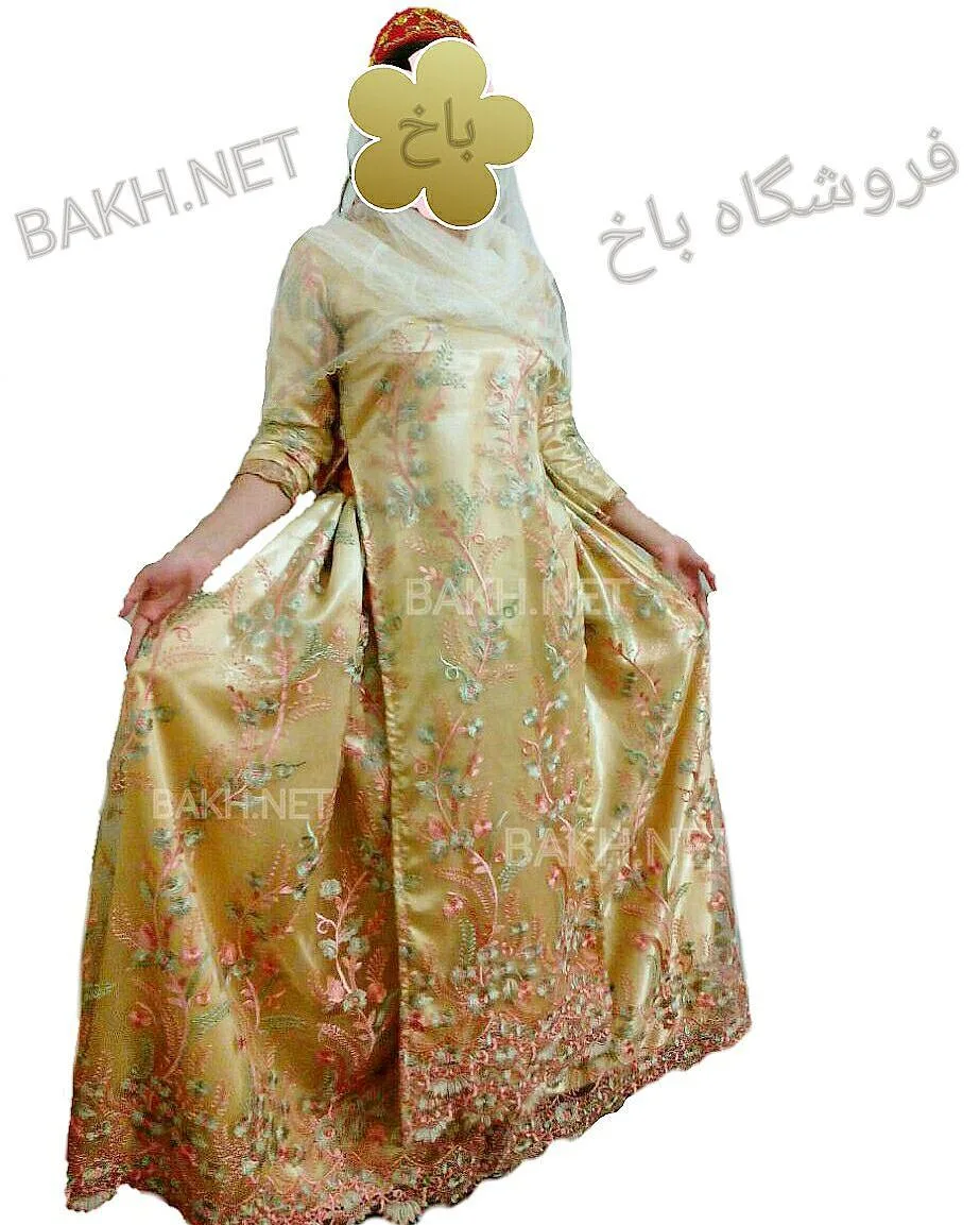 ست لباس محلی بختیاری تور، رنگ طلایی، سبز و صورتی، جنس ساتن، طرح گلدار، بلند، آستین‌بلند، جذب