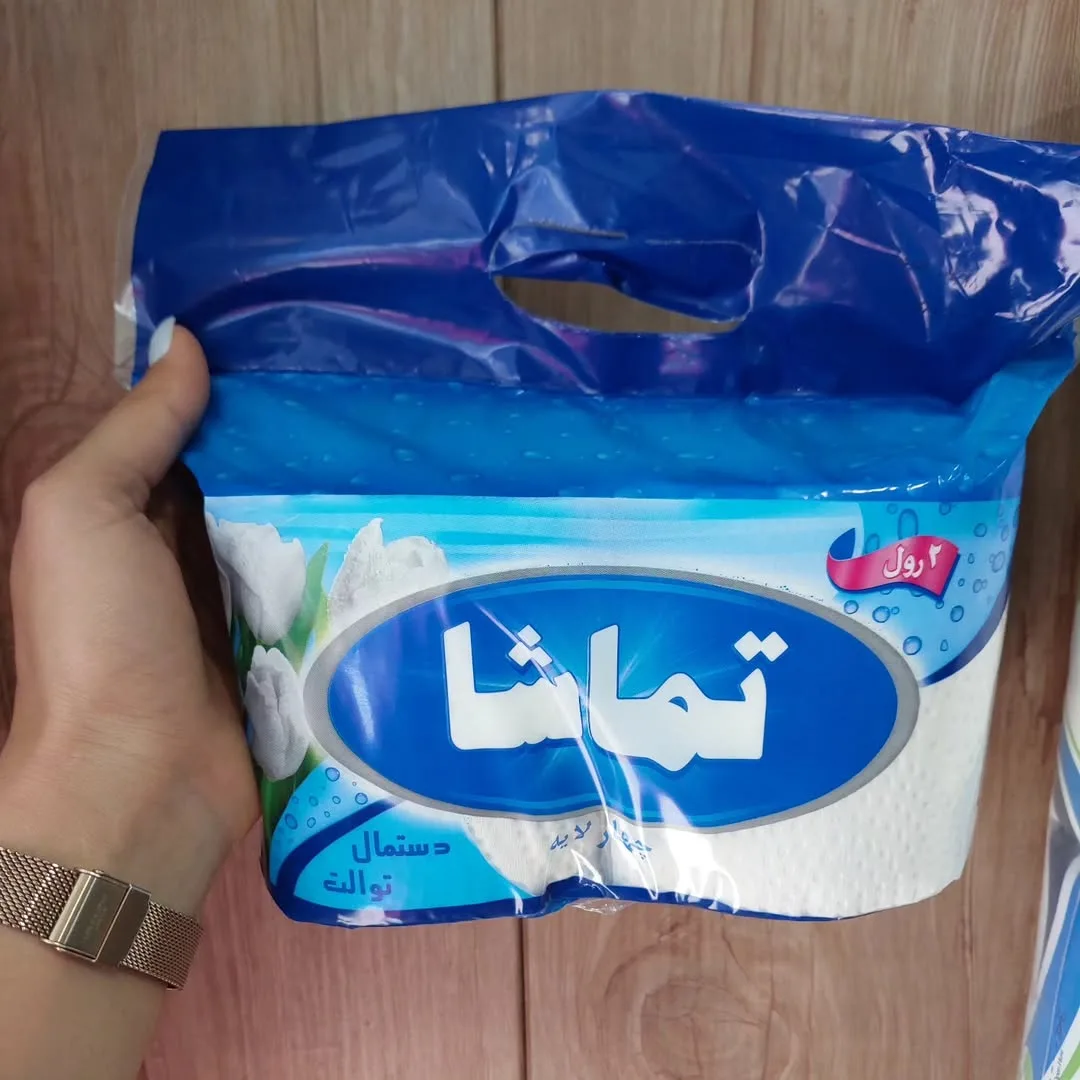 دستمال کاغذی دوقلو تماشا ۲۴ عددی، رنگ سفید و آبی، جنس پلاستیک، بستهبندی رول دوقلو