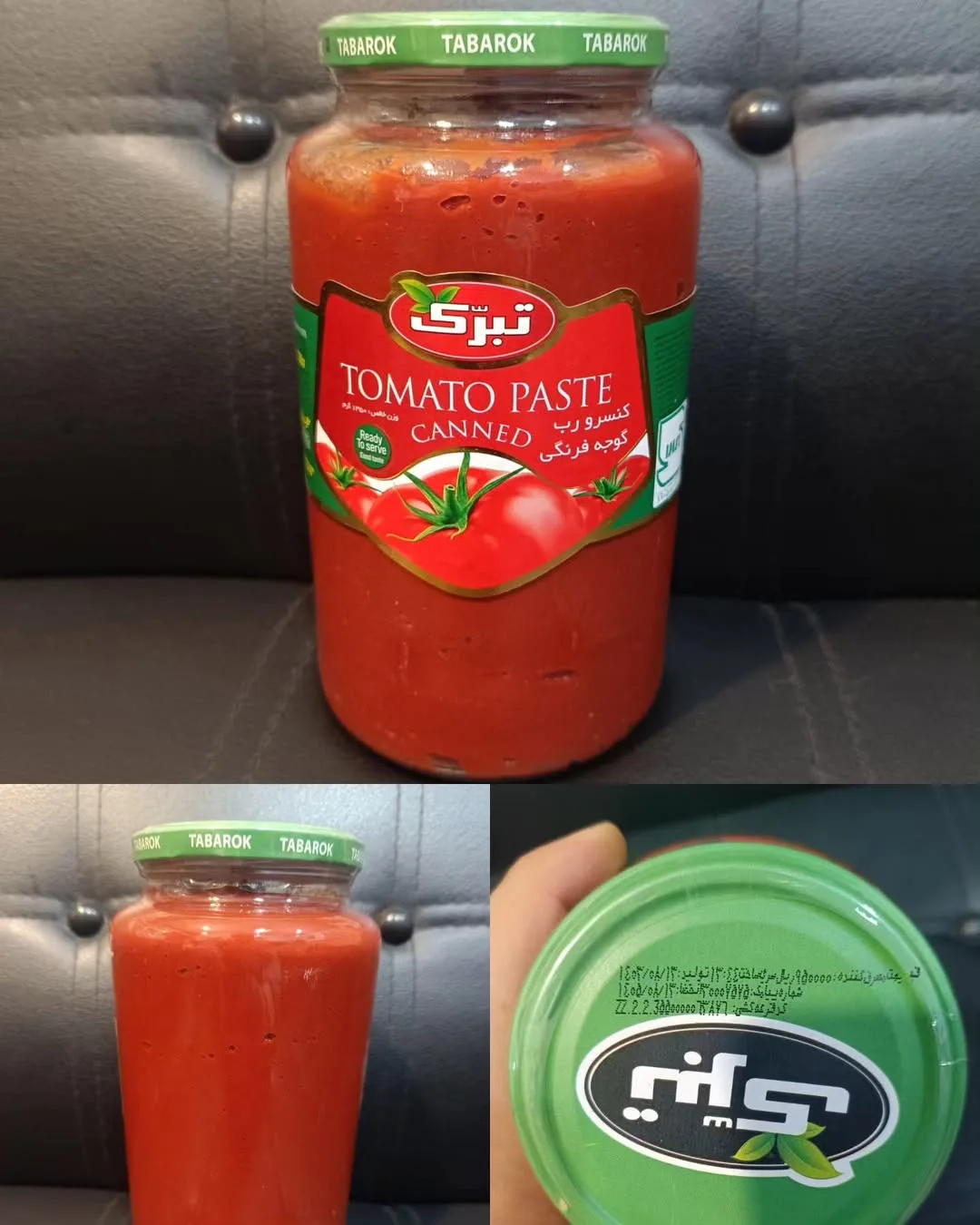 رب ۲ کیلویی تبرک، رنگ قرمز، سبز و سفید، جنس شیشه، شیشه رب گوجه‌فرنگی