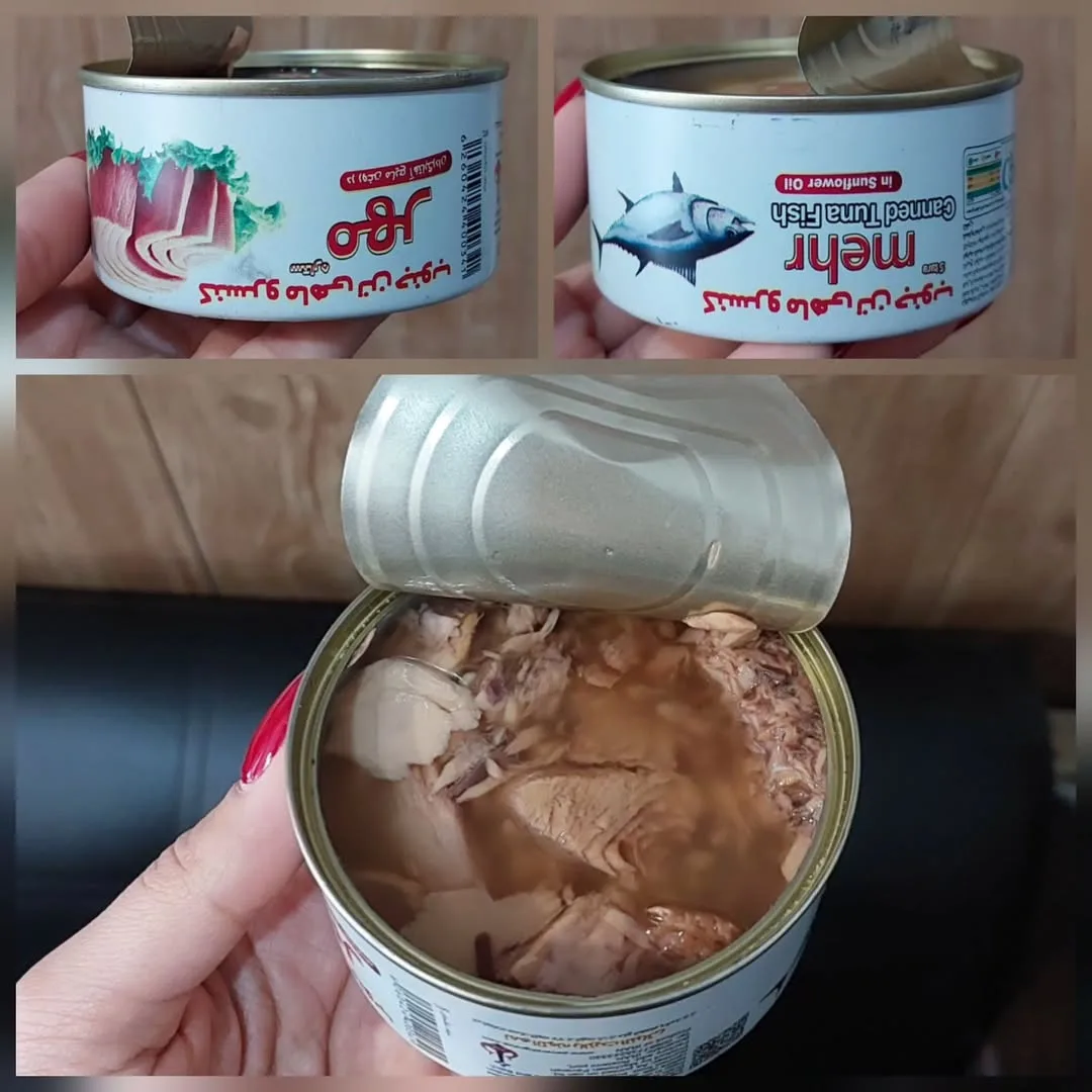 تن ماهی مهر ۱۸۰ گرمی، رنگ سفید و آبی، جنس فلز، قوطی دایره‌ای