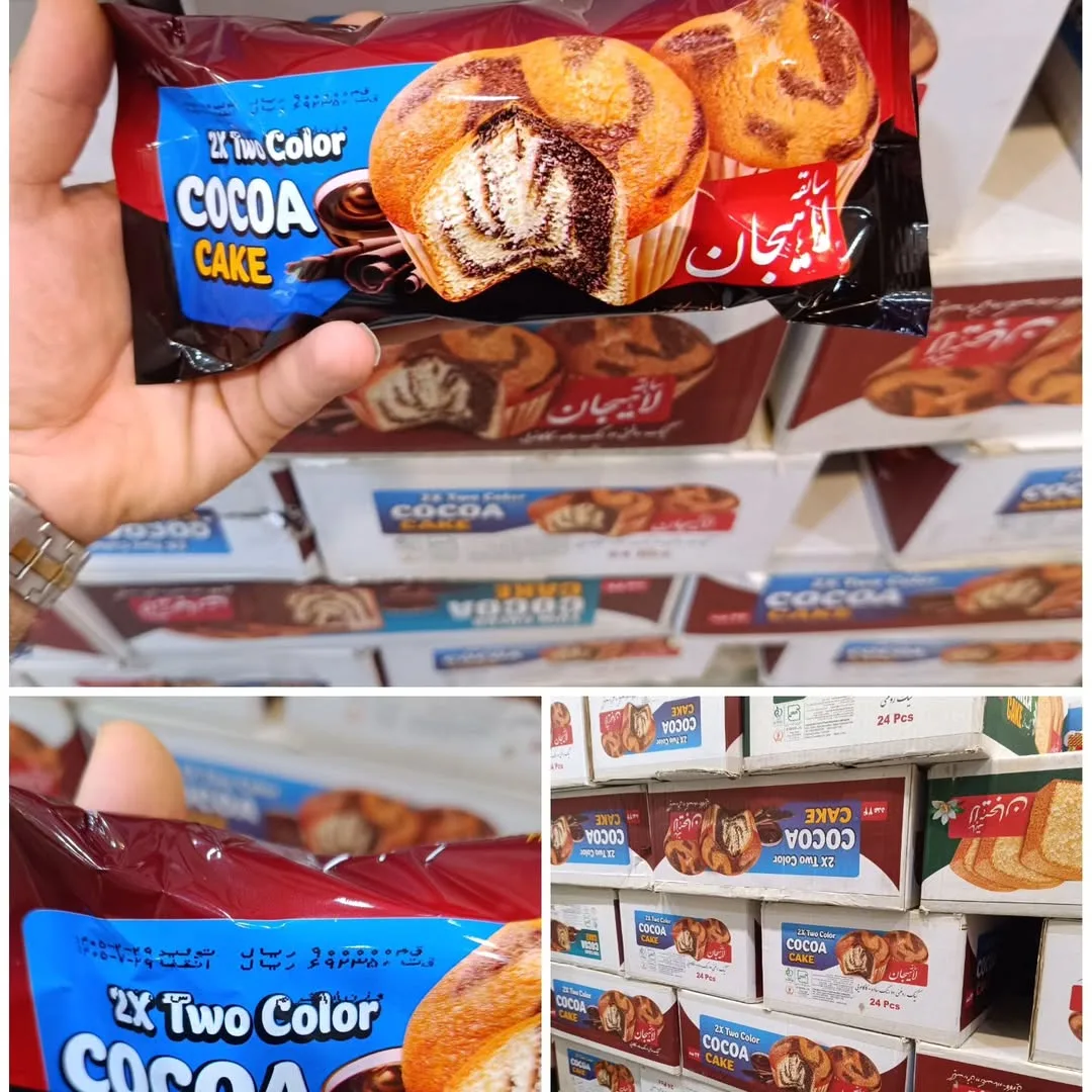 کیک دوقلو لاهیجان، رنگ قهوه‌ای و قرمز، مافین، بسته‌بندی پلاستیکی