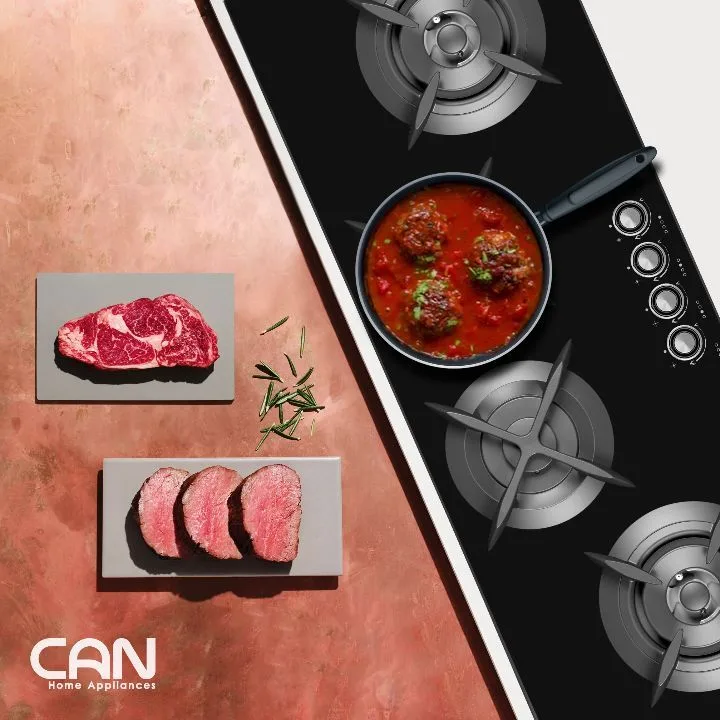 اجاق گاز صفحه‌ای مدل CG-1402، رنگ مشکی، جنس شیشه و فلز، توکار، چهارشعله