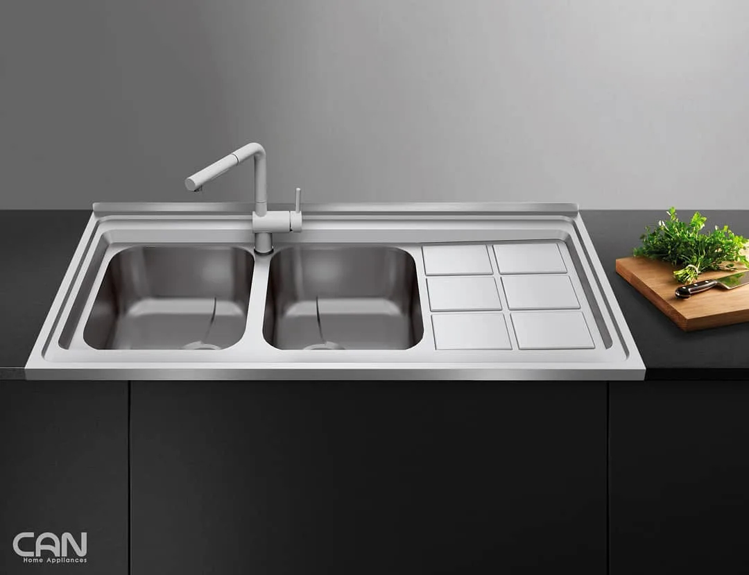 سینک ظرفشویی مدل 9032-P، رنگ نقره‌ای و استیل، جنس استیل، سینک توکار دو لگنه