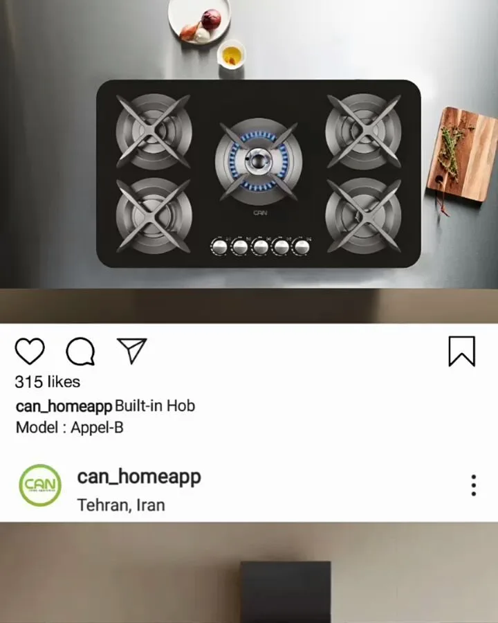 گاز صفحه‌ای توکار مدل Appel-B، رنگ مشکی و نقره‌ای، جنس شیشه و استیل، توکار ۵ شعله