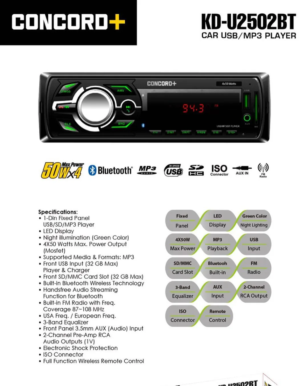 پخش خودرو کنکورد KD-U2502BT، رنگ مشکی، تک دین