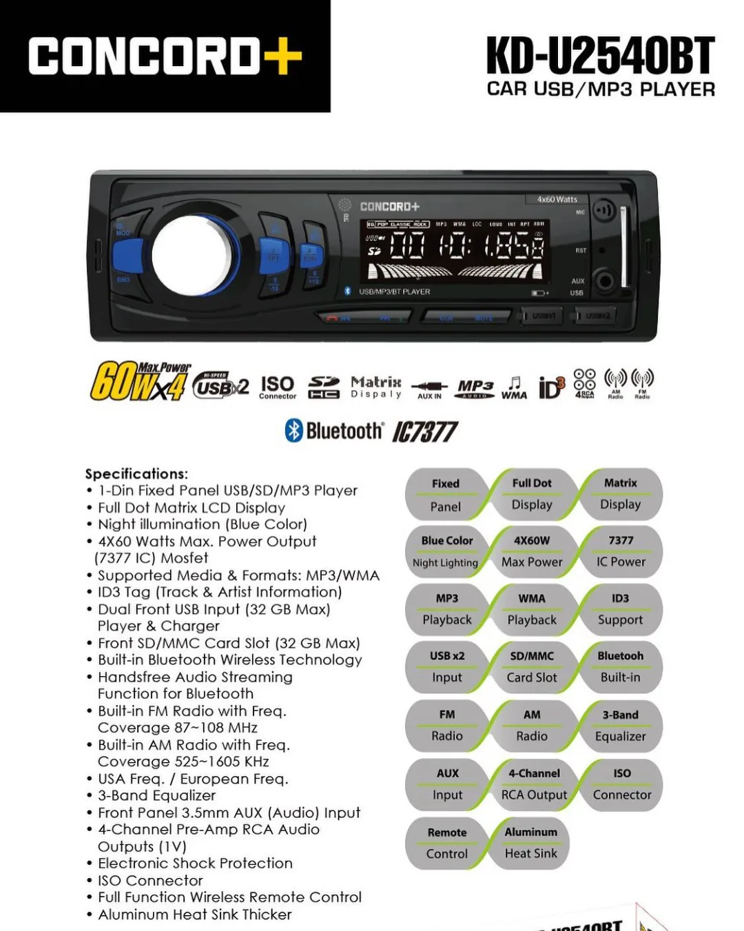 پخش خودرو KD-U2540BT کنکورد پلاس، رنگ مشکی، جنس پلاستیک و فلز، تک دین