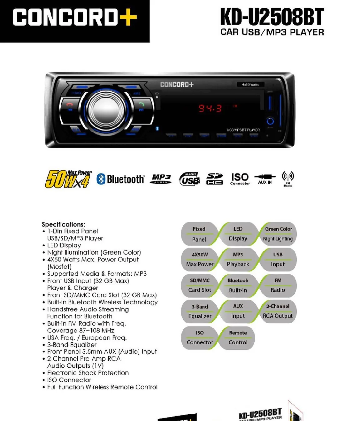 پخش خودرو KD-U2508BT کنکورد پلاس، رنگ مشکی، جنس پلاستیک و فلز، تک دین