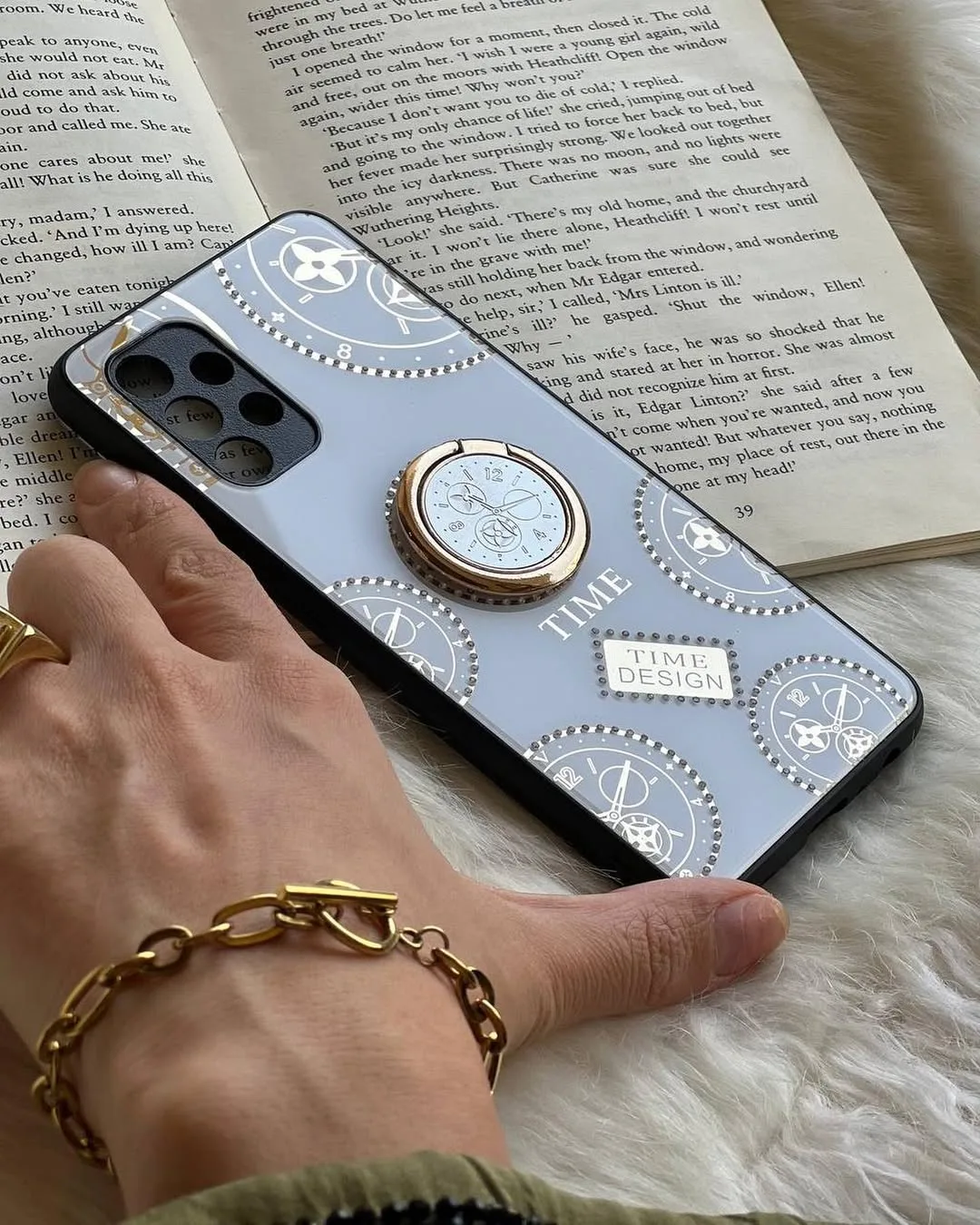 گارد قاب گوشی تایم دیزاین Time Design، رنگ خاکستری، سفید و طلایی، جنس پلاستیک و فلز، با حلقه پشتی