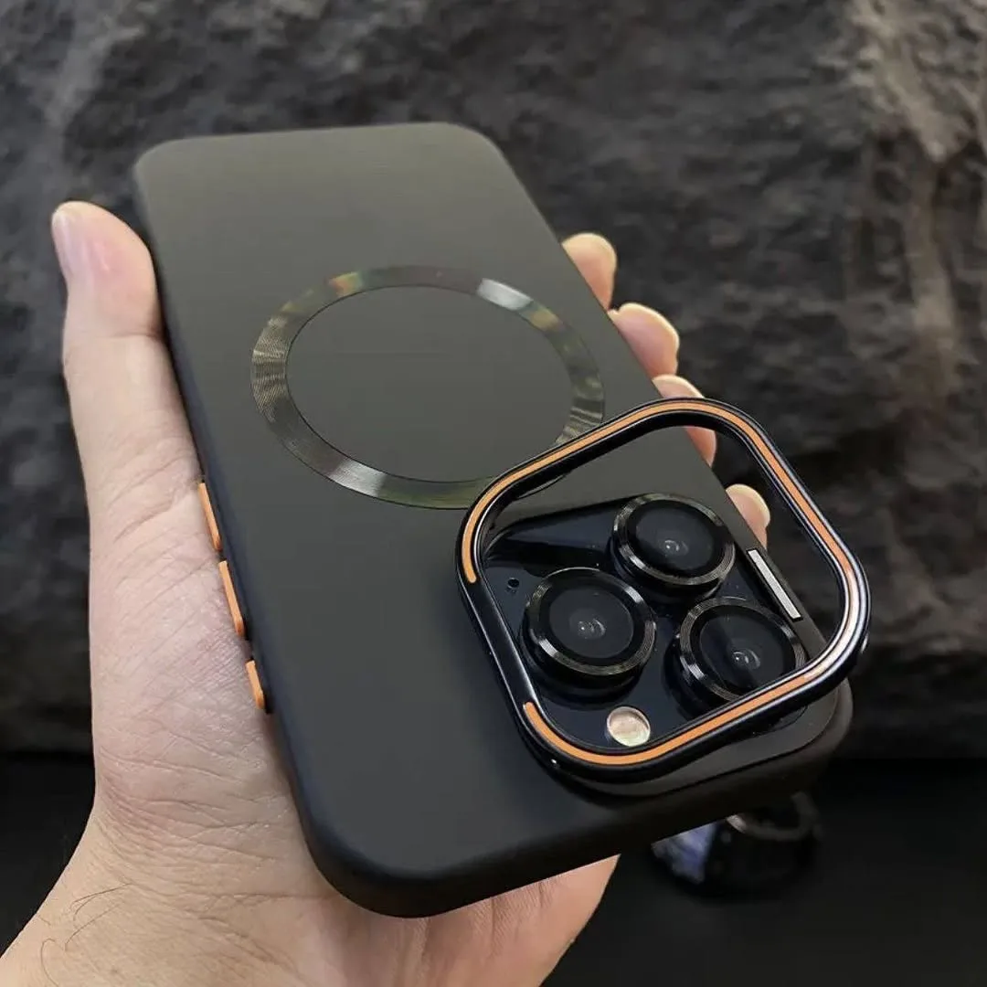قاب گوشی استندشو با گلس لنز Ultra Case، رنگ مشکی و نارنجی، جنس پلاستیک، قاب محافظ مگسیفدار