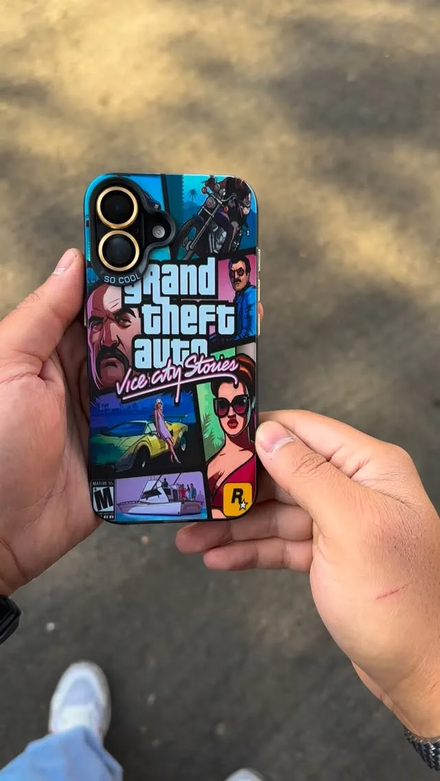 قاب گوشی طرح GTA Vice City، رنگ آبی، قرمز، زرد و مشکی، جنس پلاستیک، پشت بسته