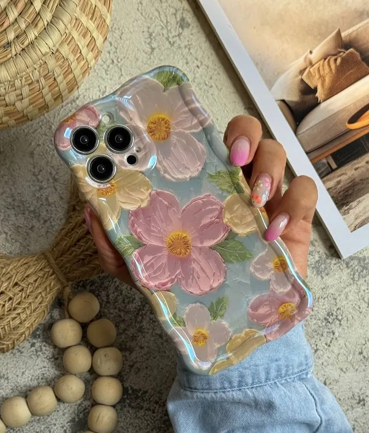 قاب شفاف گل همیشه‌بهار، رنگ صورتی، زرد و سبز، جنس ژله‌ای، طرح گلدار، مستطیلی، لبه‌های گرد، برجسته