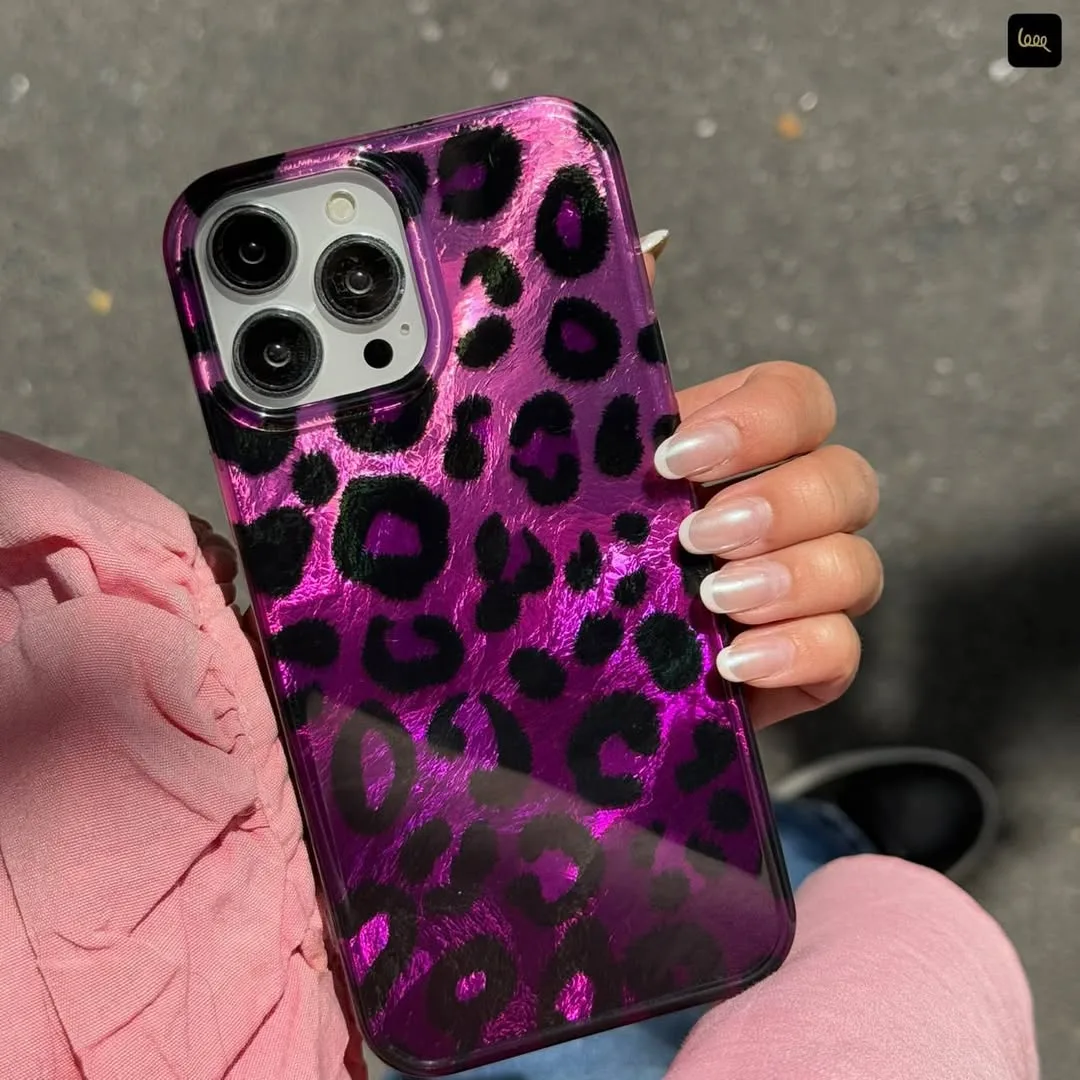 قاب پلنگی IMD بنفش، رنگ مشکی، جنس پلاستیک، براق، طرح پلنگی