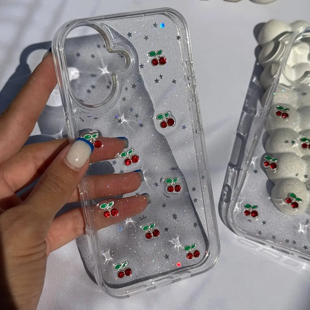 قاب گیلاس اکلیلی، رنگ شفاف، قرمز و سبز، جنس سیلیکون، شفاف اکلیلی با طرح گیلاس