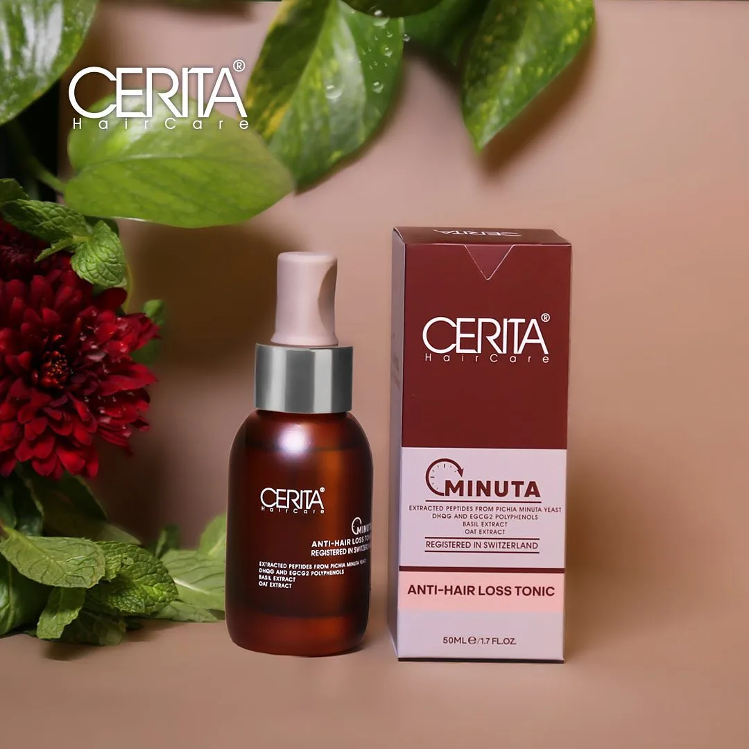 تونیک ضد ریزش مینوتا CERITA، رنگ قهوهای، سفید و نقرهای، جنس شیشه و پلاستیک، بطری قطرهچکان