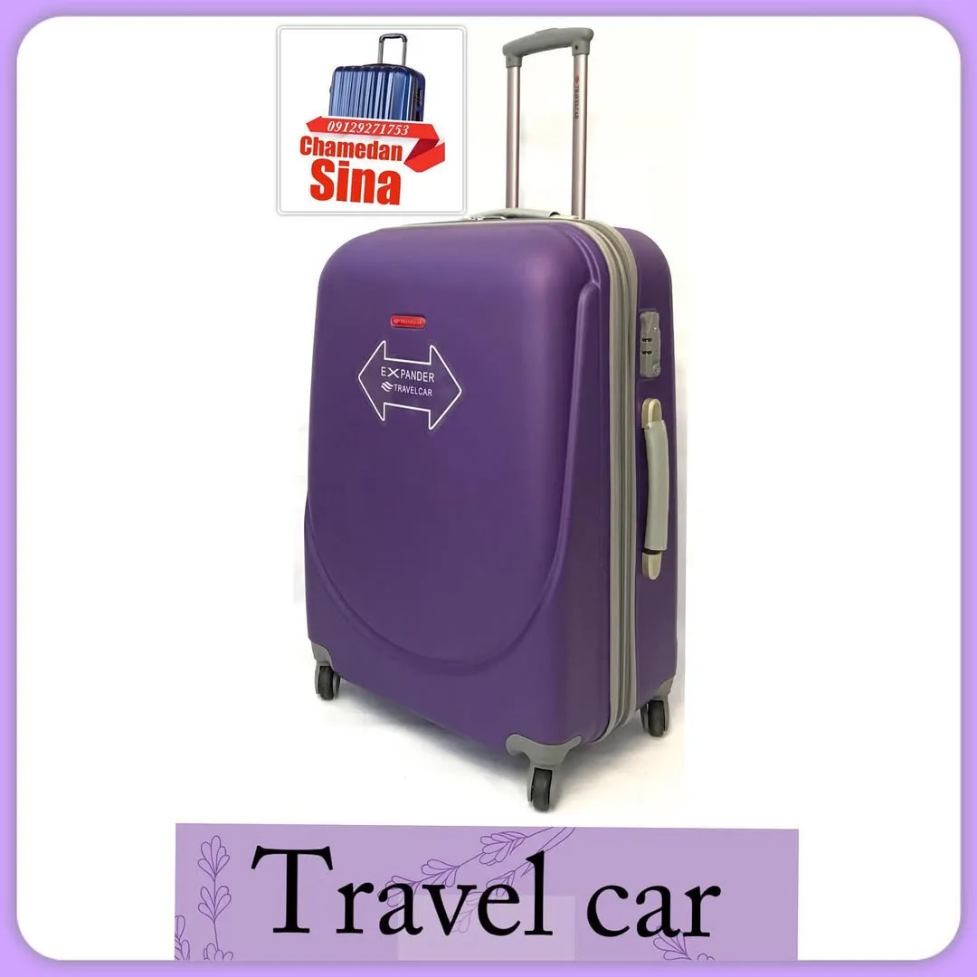 چمدان نشکن با زیپ افزایش حجم Travel car، رنگ بنفش، جنس پلاستیک، چرخ‌دار، دسته تلسکوپی