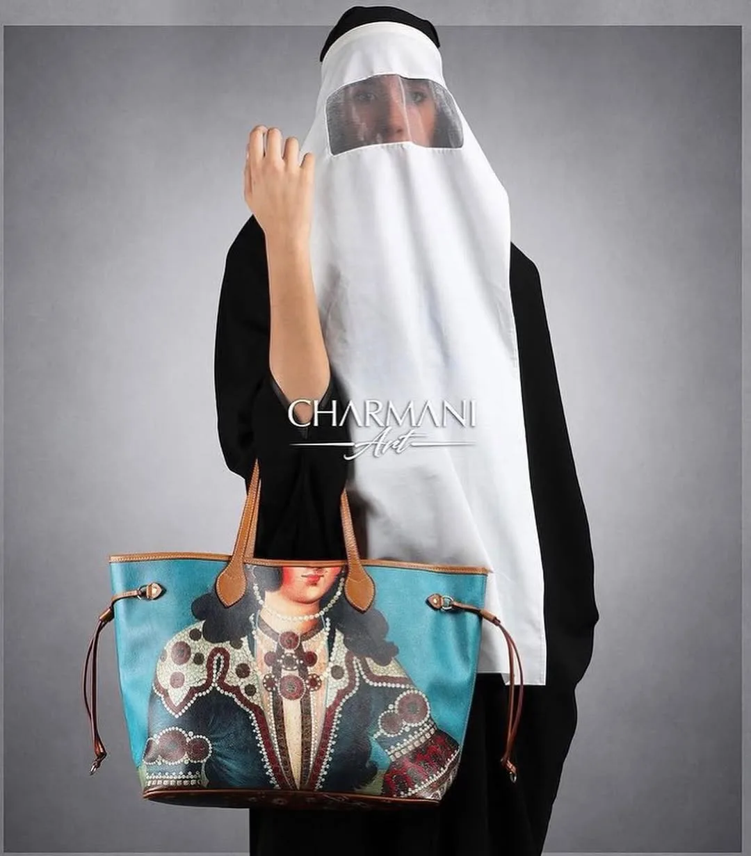 کیف دستی مدل Dulcimer چرمانی آرت، رنگ آبی، قهوه‌ای و مشکی، طرح طرح حیوانی، دستی بزرگ