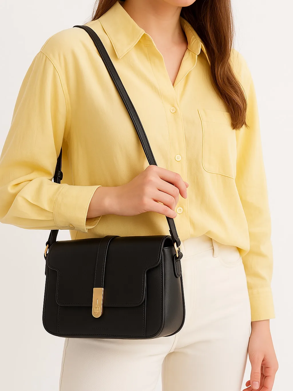 کیف دوشی زنانه مدل X3-146 PRETTYZYS، رنگ مشکی، جنس چرم، مستطیلی، بند باریک