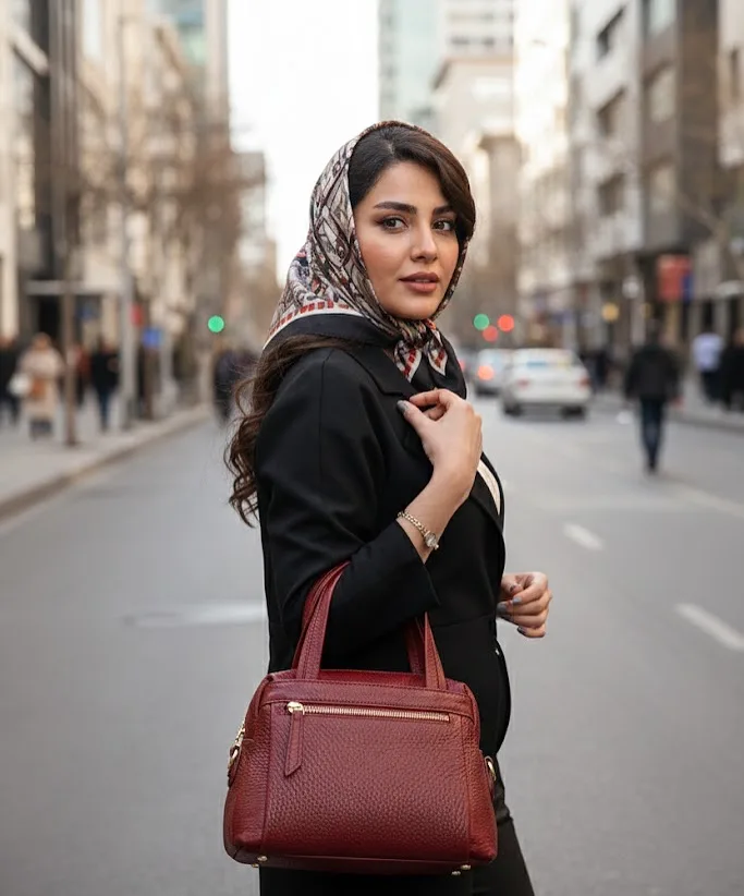 کیف زنانه چرم طبیعی مدل ۴۴ Charmani، رنگ زرشکی، دستی، مستطیلی