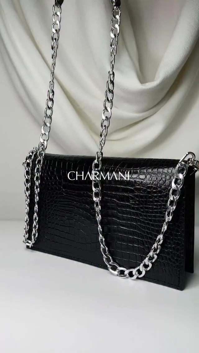کیف مجلسی زنانه چرم طبیعی آلا Charmani، رنگ مشکی، طرح پلنگی، دوشی، زنجیری