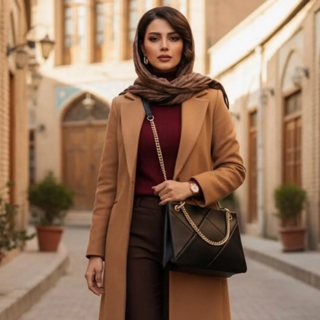 کیف دوشی مشکی، رنگ قهوه‌ای، جنس چرم، طرح هندسی، کیف دوشی با زنجیر طلایی