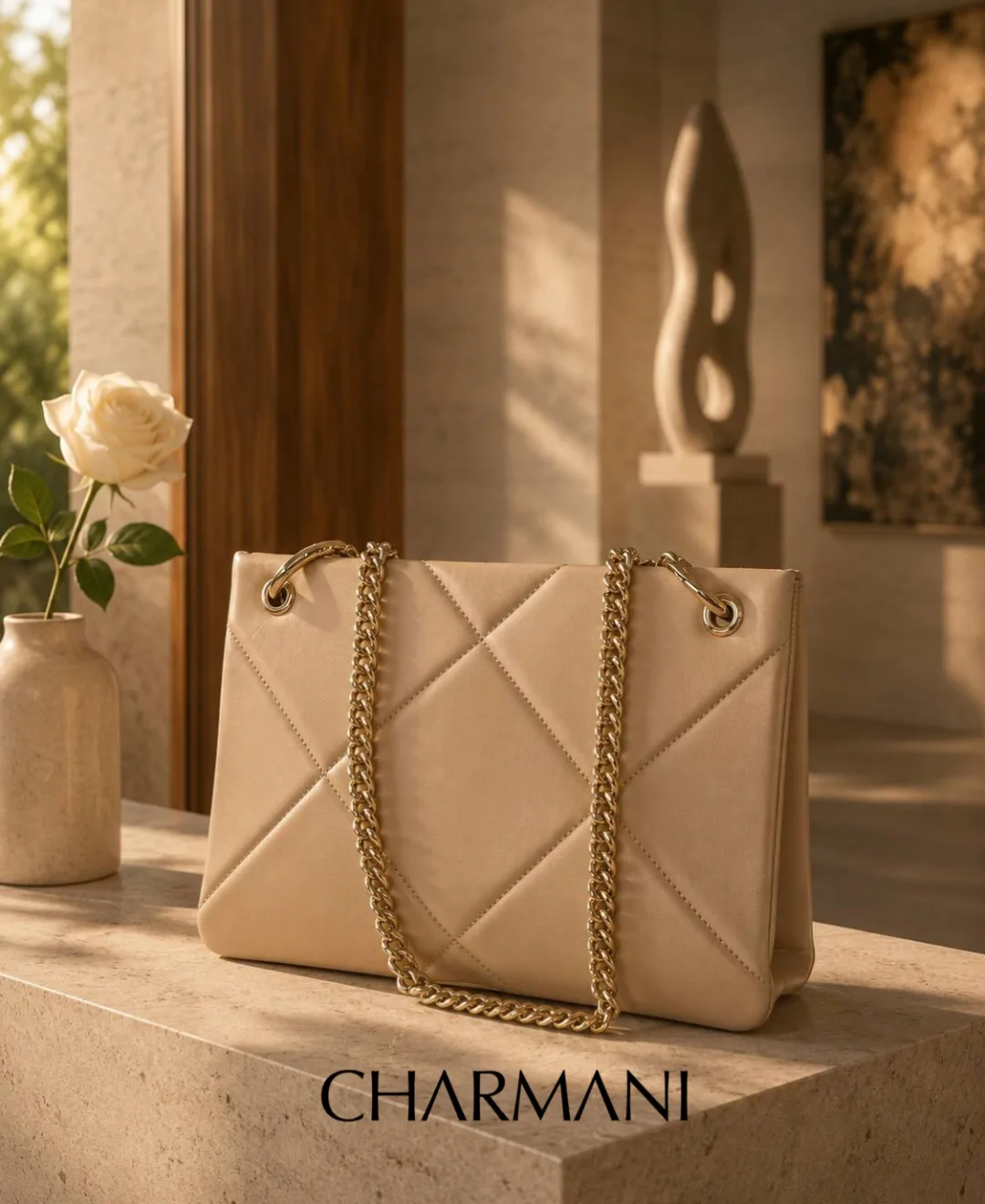 کیف زنانه ۱۲۴۰ Charmani، رنگ کرم، جنس چرم، طرح هندسی، دوشی، زنجیری