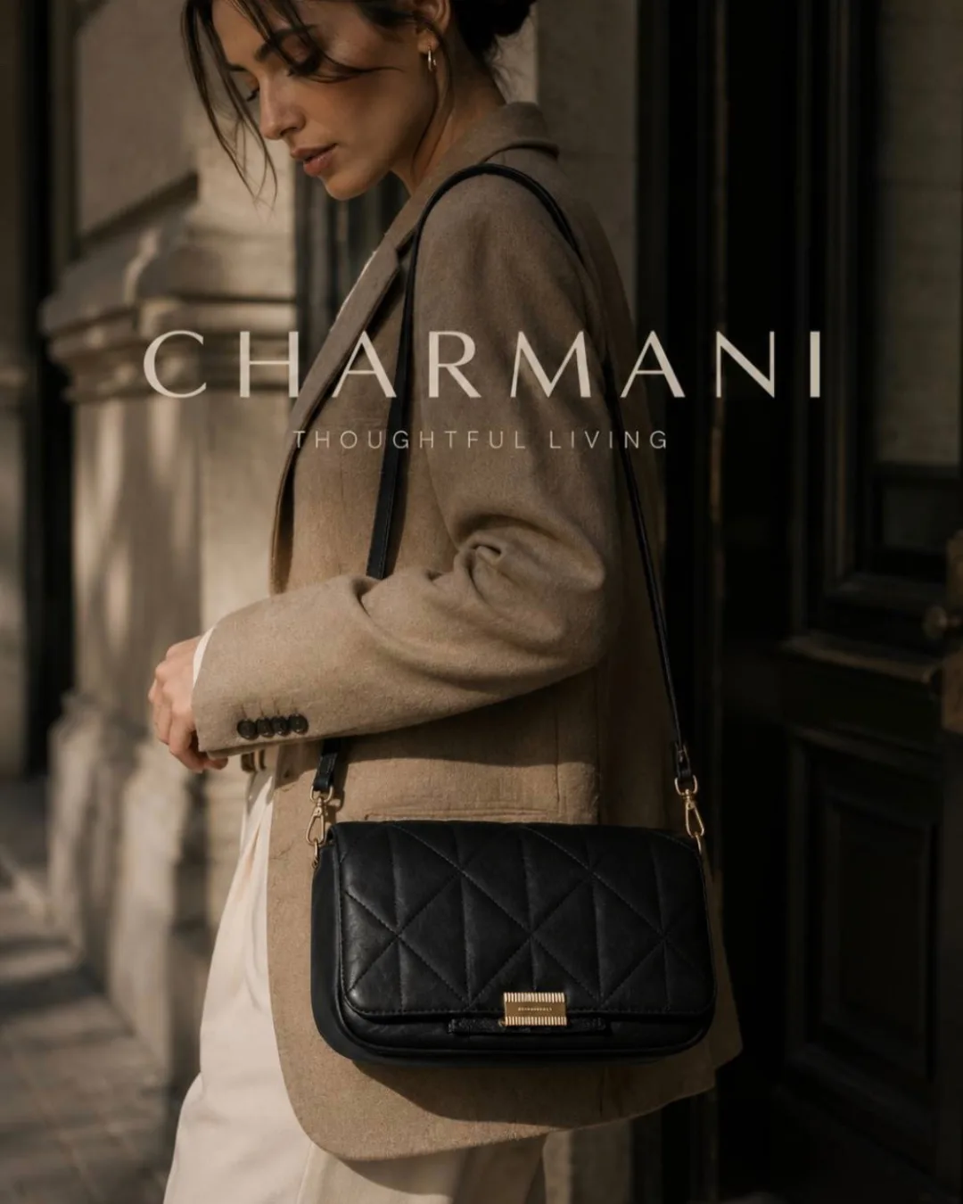 کیف زنانه چرمی x3-135 Charmani، رنگ مشکی، طرح هندسی، دوشی، مستطیلی