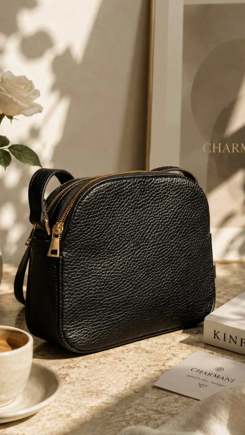 کیف دوشی، رنگ مشکی، جنس چرم، نیمدایره