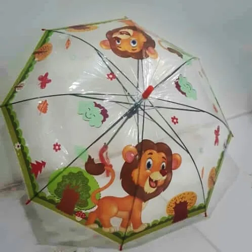 چتر بچگانه شیشه‌ای سه بعدی هشت فنر تاپ، رنگ شفاف و سبز، جنس پلاستیک، طرح شخصیت کارتونی، تاشو دستی