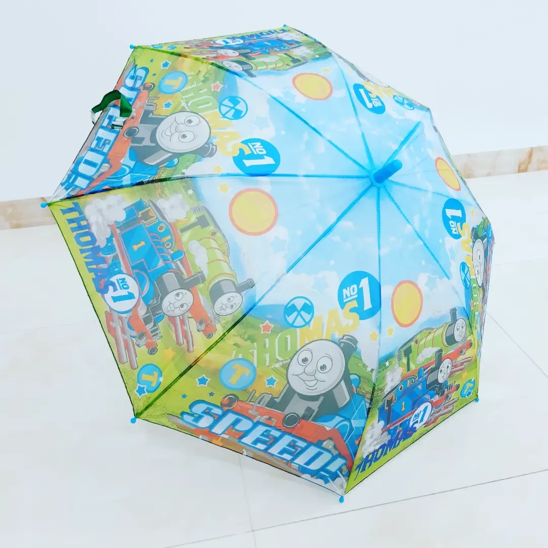 چتر پسرانه هشت فنر برزنت تاپ، رنگ آبی، سبز و زرد، جنس پلاستیک، طرح شخصیت کارتونی، چتر دستی کودکانه