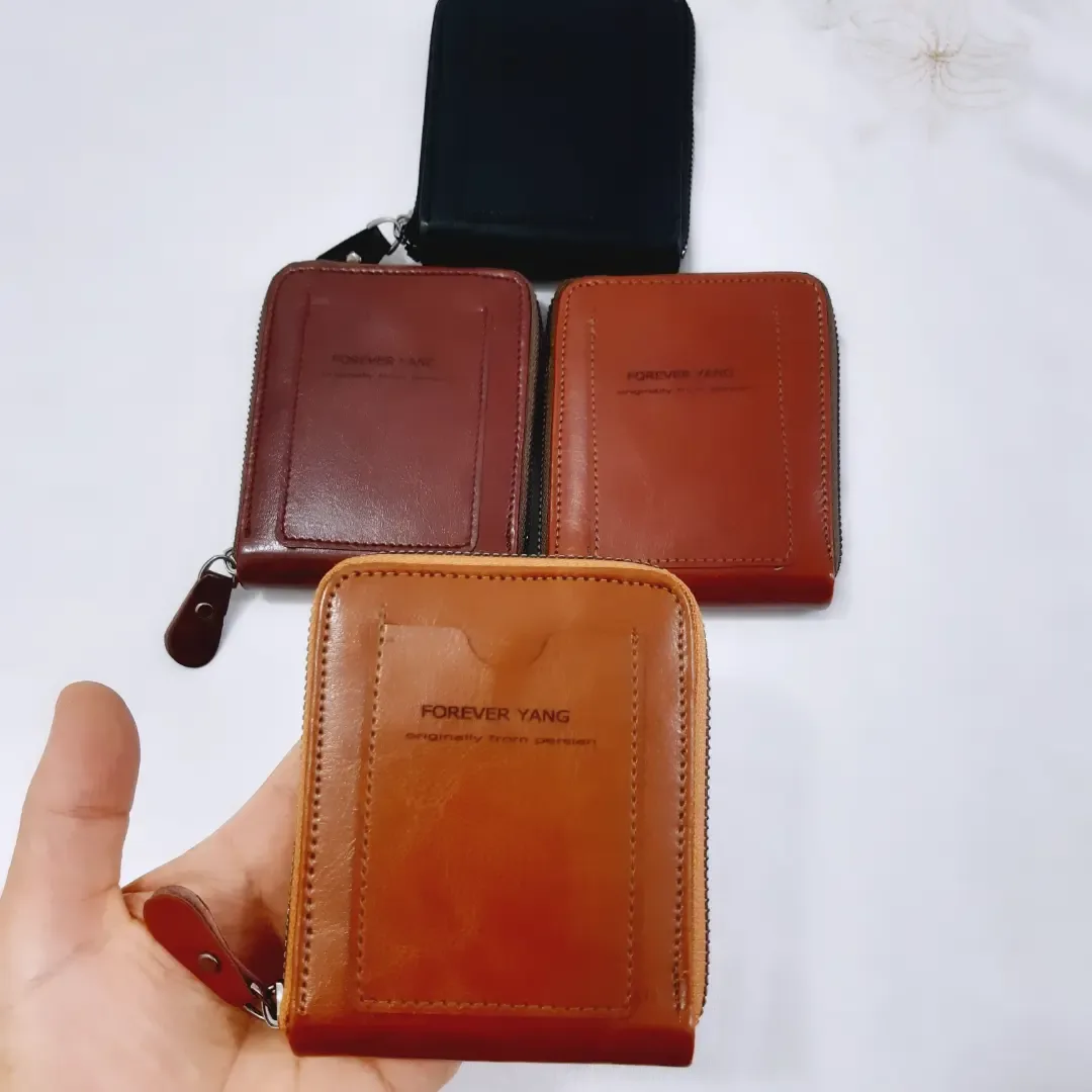 کیف پول و جای مدارک چرم دور زیپ، رنگ قهوه‌ای، مشکی و نارنجی، زیپ‌دار، مربعی