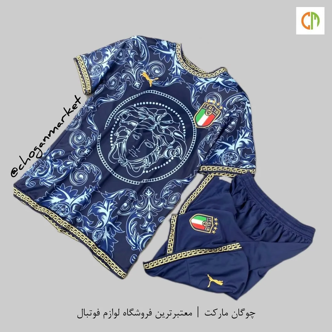 ست پیراهن و شورت هواداری ایتالیا، رنگ سورمه‌ای، طلایی و سفید، آستین کوتاه، یقه گرد، جذب