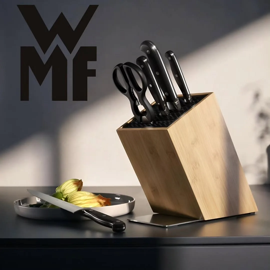 سرویس چاقو آشپزخانه با استند WMF، رنگ قهوه‌ای، مشکی و استیل، جنس چوب و فلز، پایه‌ی چوبی با ابزار