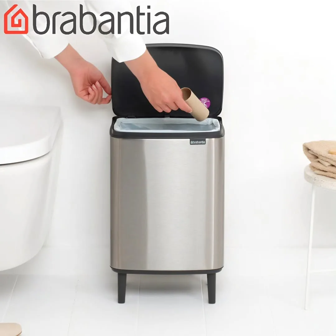 سطل زباله برابانتیا Bo 12 لیتری، رنگ نقره‌ای و مشکی، جنس فلز و پلاستیک، مستطیلی، چهارپایه