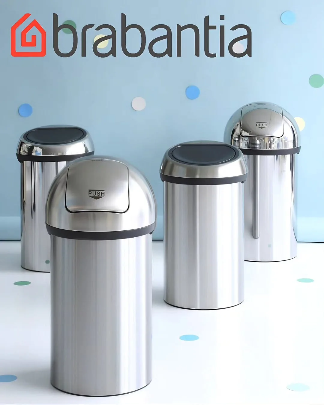 سطل زباله برابانتیا Push Bin ۶۰ لیتری، رنگ نقره‌ای، جنس استیل، استوانه‌ای، درب‌پوش