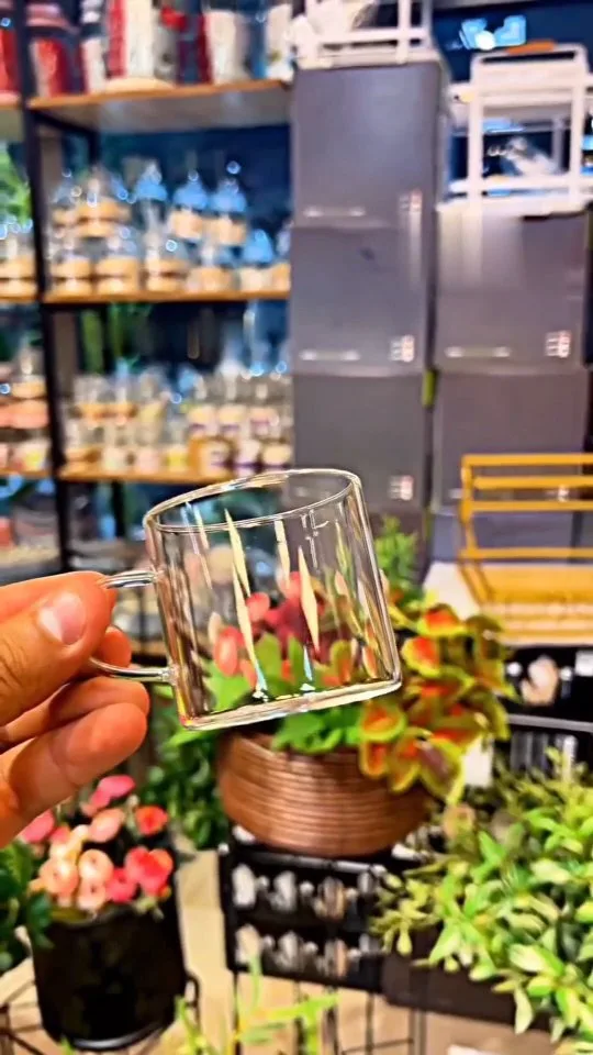 استکان چایخوری پیرکس شعله مستقیم، رنگ شفاف، جنس شیشه، طرح هندسی، دسته‌دار، استوانه‌ای