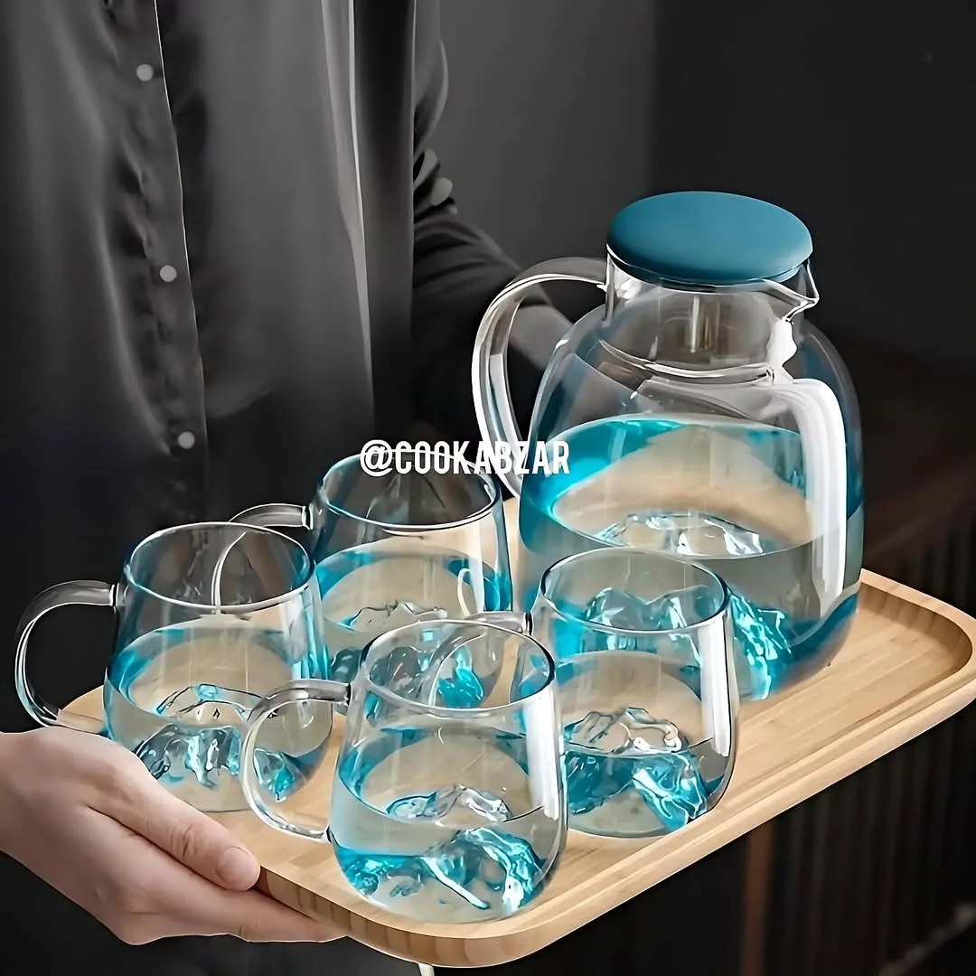 پارچ و لیوان پیرکس رنگی Lueray baer، رنگ شفاف و آبی، جنس شیشه، طرح هندسی، پارچ و لیوان دستهدار