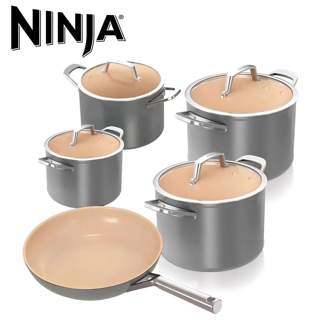 سرویس قابلمه نچسب ۹ پارچه CW95000 Ninja، رنگ خاکستری و کرم، جنس سرامیک و فلز، دسته‌دار با درب
