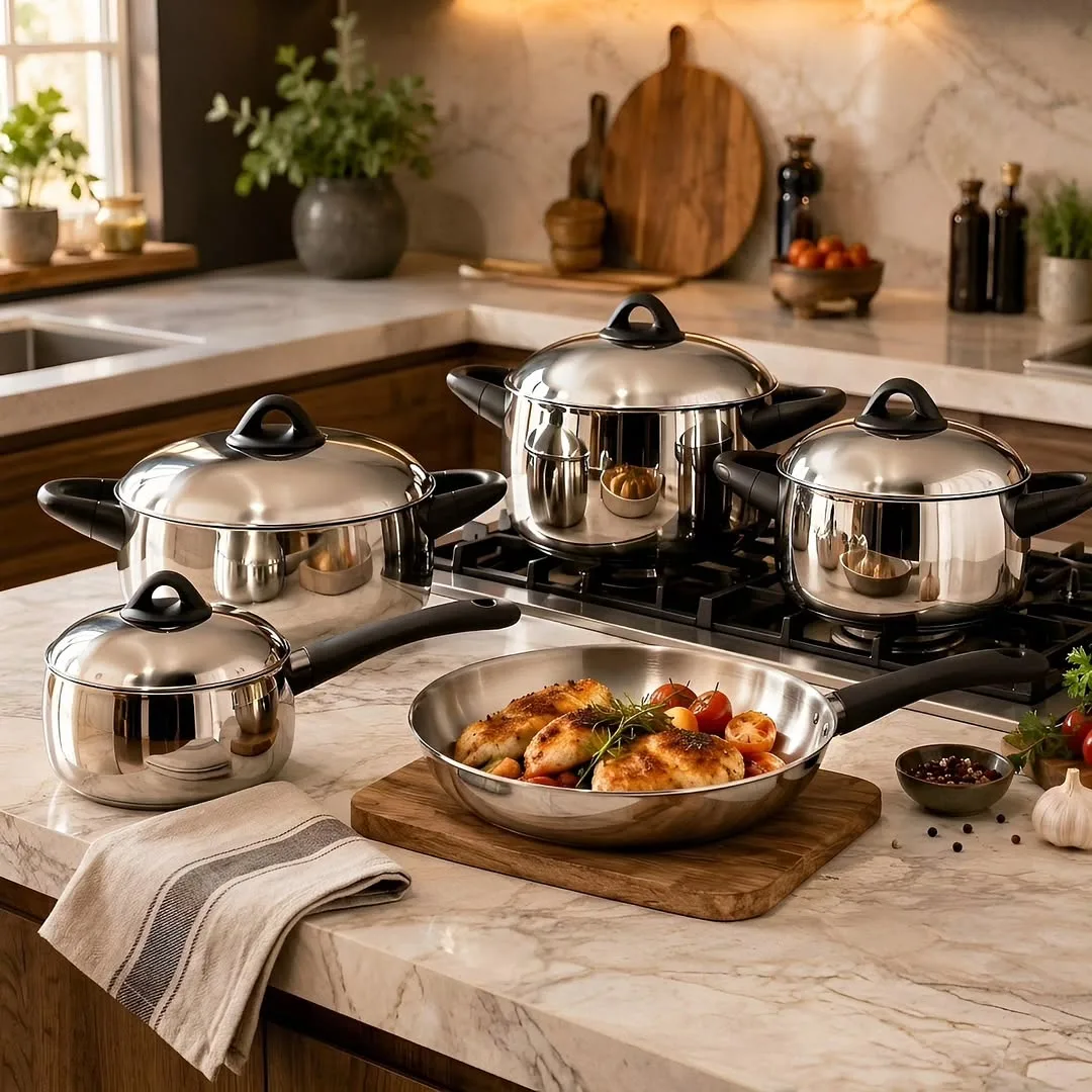 سرویس قابلمه استیل ۹ پارچه NovaCook Arow، رنگ نقرهای و مشکی، سایزهای مختلف، دربدار