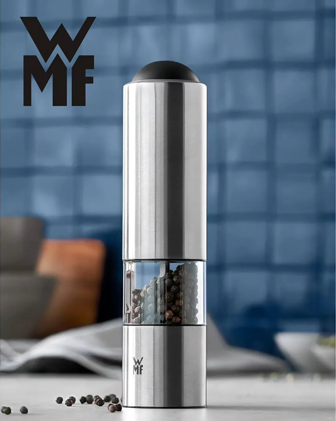 فلفل و نمک‌ساب برقی جفتی WMF، رنگ نقره‌ای و مشکی، جنس استیل و شیشه، استوانه‌ای