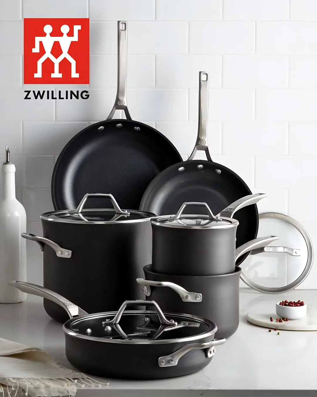سرویس قابلمه و ست تابه نچسب Zwilling، رنگ سیاه و نقره‌ای، جنس فلز و شیشه، دسته‌دار