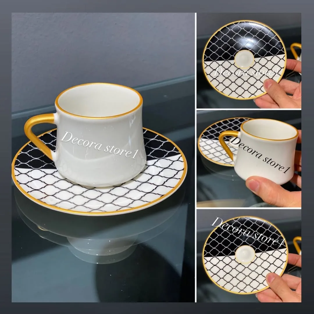 فنجان و نعلبکی، رنگ سفید، مشکی و طلایی، جنس سرامیک، طرح هندسی، دستهدار با نعلبکی