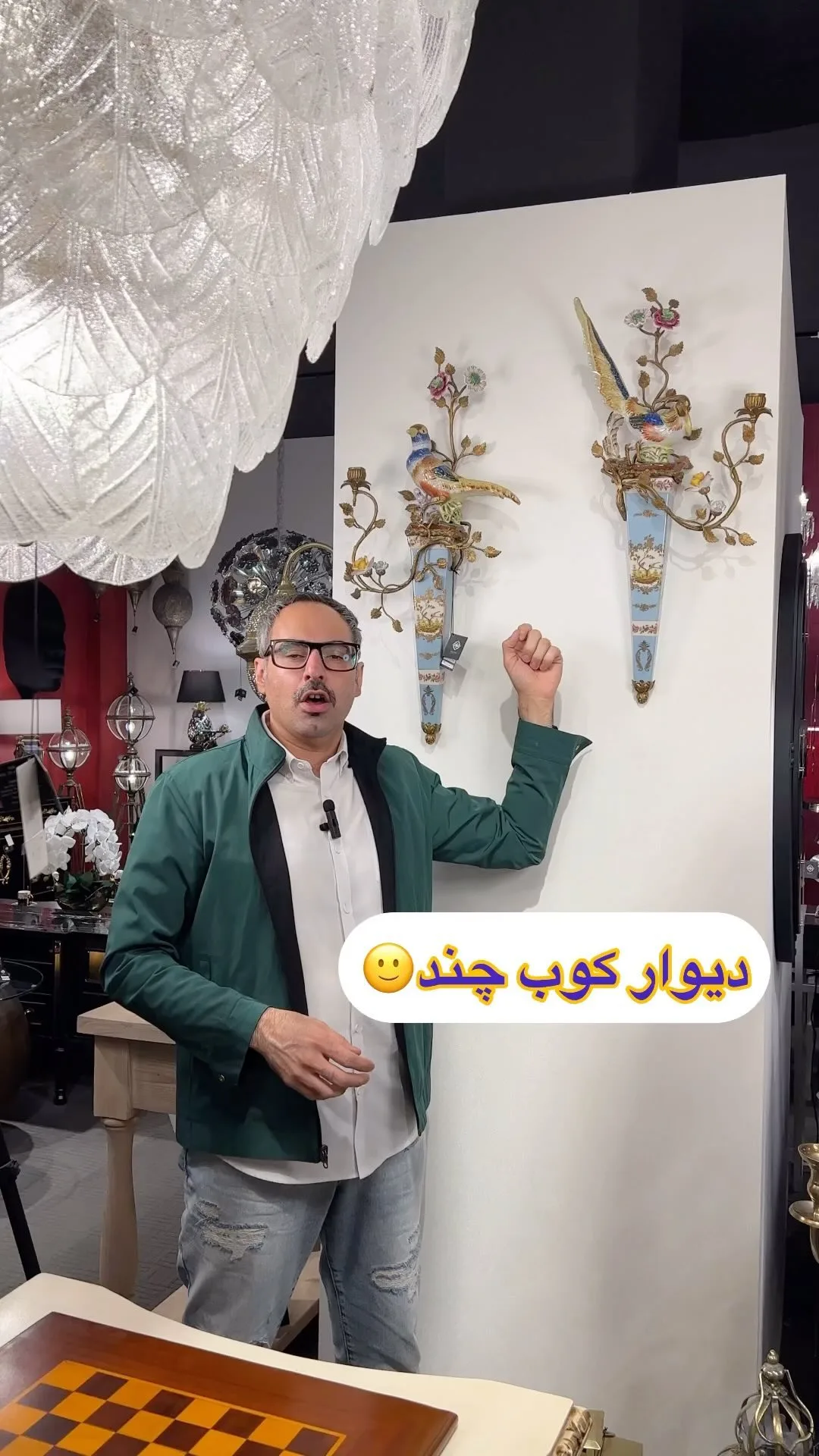 شمعدان دیوارکوب جفت، رنگ آبی، طلایی و سفید، جنس سرامیک و فلز، طرح طرح پرنده و گل، دیوارکوب شاخه‌ای