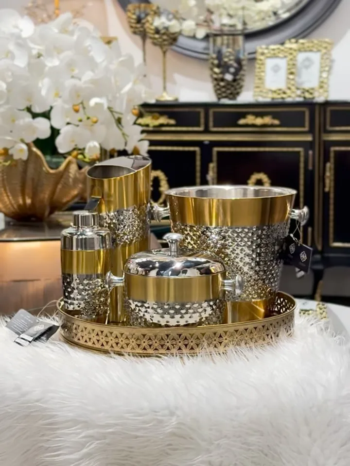 ست سرویس بار استیل دوجداره، رنگ طلایی و نقره‌ای، جنس فلز، ست سرویس بار رومیزی